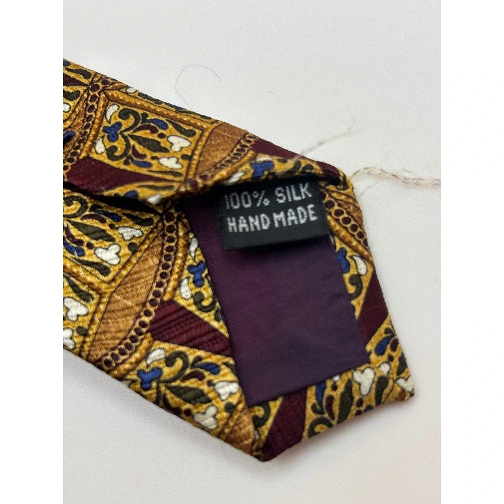 The Forbes Collection Mens Silk Tie Gold Burgundy Floral Geometric Hand Made